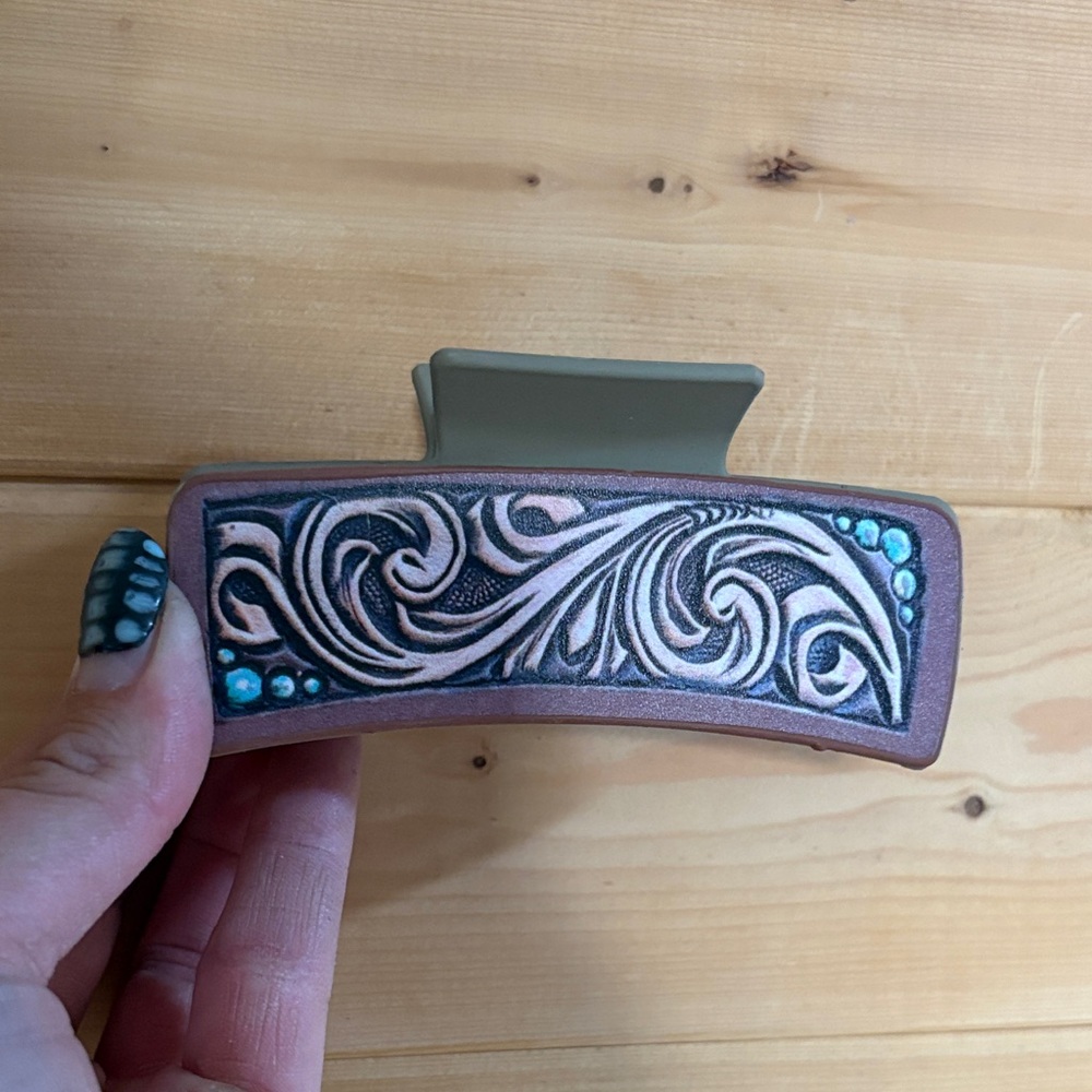 Brown and Teal Hair Clip with Swirl Design